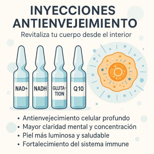 Inyecciones Antienvejecimiento: NAD+, NADH, Glutatión y Q10 Inyecciones Antienvejecimiento: NAD+, NADH, Glutatión y Q10